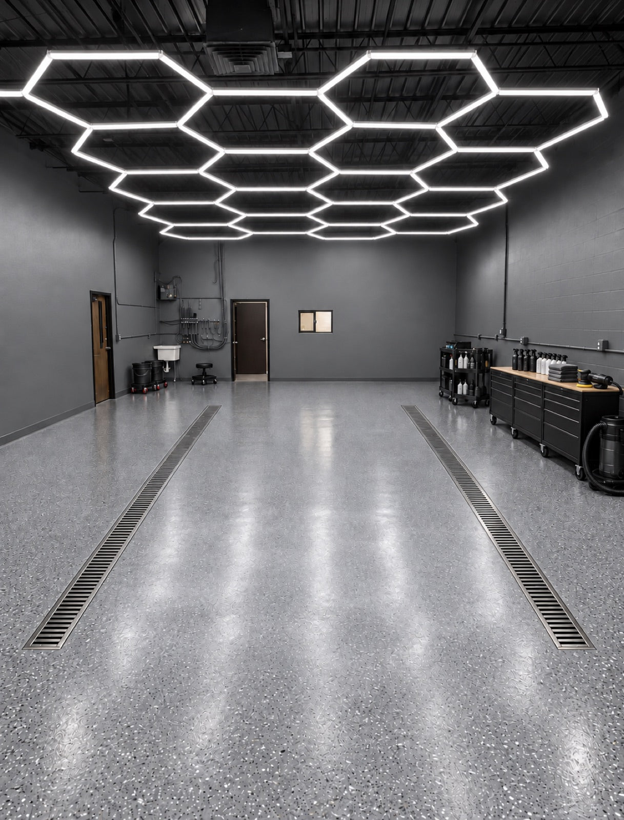 AYRD detailing bay with hexagon lighting